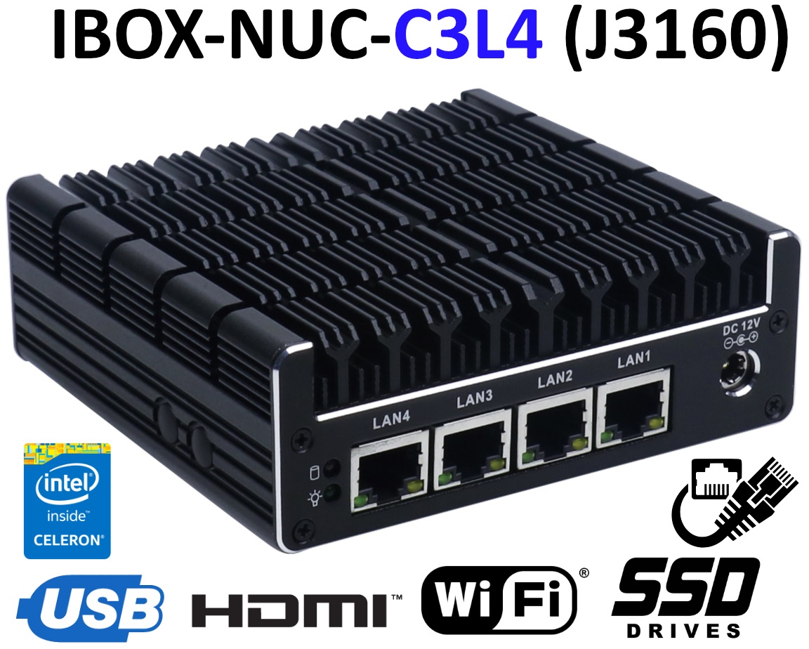 IBOX-NUC-C3L4 (J3160) - Fanless mini PC (4x LAN + 2x HDMI) z wzmocnion obudow  